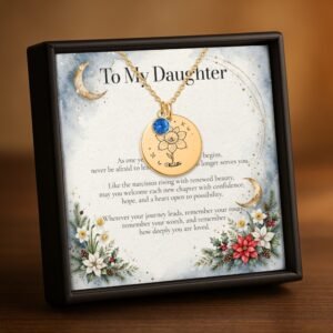 December carnation birth flower necklace for daughter in 18K gold plated finish with a To My Daughter message card from Dad