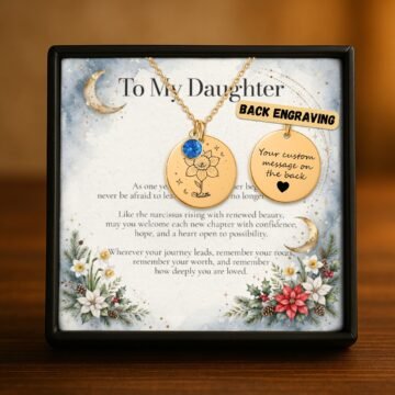 Personalized December carnation necklace in 18K gold plated finish showing optional custom back engraving