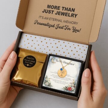 Gift-ready December carnation necklace package with message card, foil wrap, care items, and complimentary extras