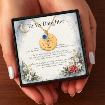 December carnation necklace presented in a gift box with an emotional message card for daughter from Dad