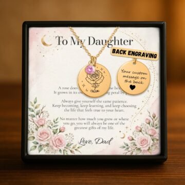 Personalized June carnation necklace in 18K gold plated finish showing optional custom back engraving