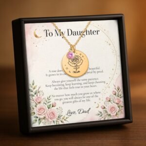 June carnation birth flower necklace for daughter in 18K gold plated finish with a To My Daughter message card from Dad