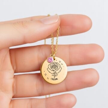 June carnation coin necklace held in hand to show the 20 millimeter pendant size