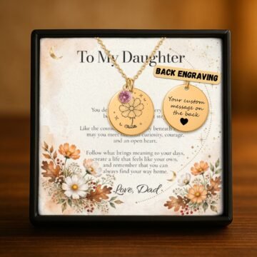 Personalized October carnation necklace in 18K gold plated finish showing optional custom back engraving
