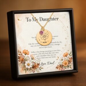 October carnation birth flower necklace for daughter in 18K gold plated finish with a To My Daughter message card from Dad
