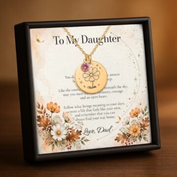 October carnation birth flower necklace for daughter in 18K gold plated finish with a To My Daughter message card from Dad