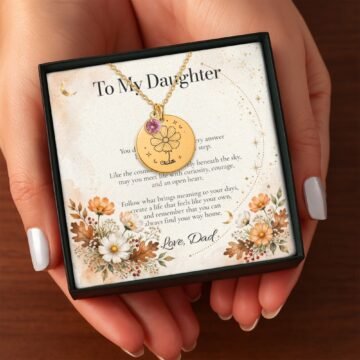 October carnation necklace presented in a gift box with an emotional message card for daughter from Dad