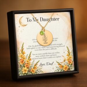 Gold gladiolus Moon and Bloom necklace with personalized daughter message card