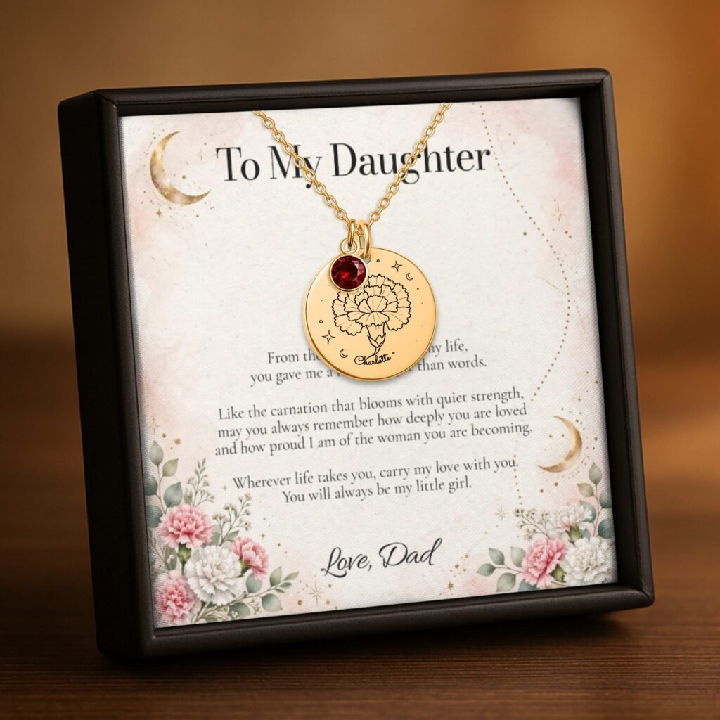 Carnation Moon & Bloom Necklace for Daughter – Personalized Gift from Dad