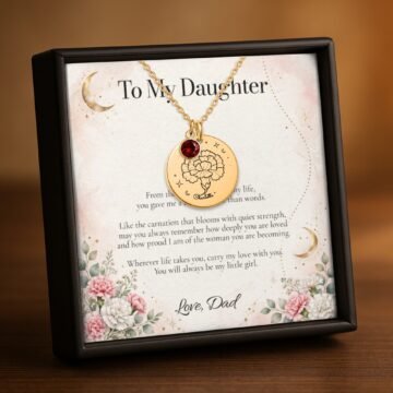 Gold carnation Moon and Bloom necklace with personalized daughter message card