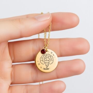 Close view of carnation engraving with personalized name and garnet-colored charm