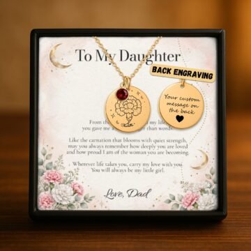 Carnation necklace showing optional personalized engraving on the back