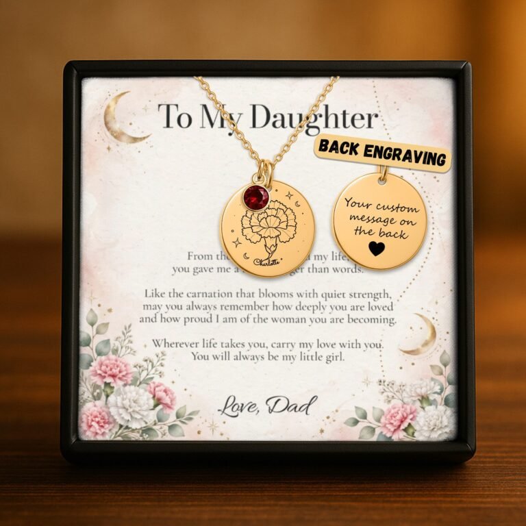 Carnation Moon & Bloom Necklace for Daughter – Personalized Gift from Dad