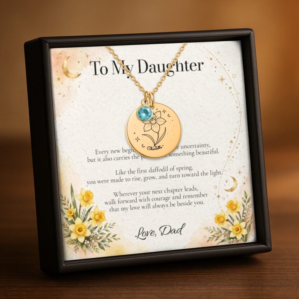 Daffodil Moon & Bloom Necklace for Daughter – Personalized Gift from Dad