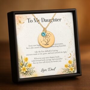 Gold daffodil Moon and Bloom necklace with personalized daughter message card