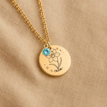 Daffodil daughter necklace presented with a printed message card
