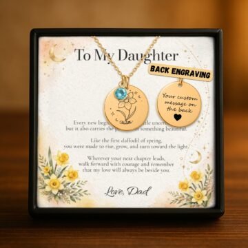 Daffodil necklace showing optional personalized engraving on the back