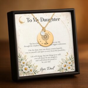 Gold daisy Moon and Bloom necklace with personalized daughter message card