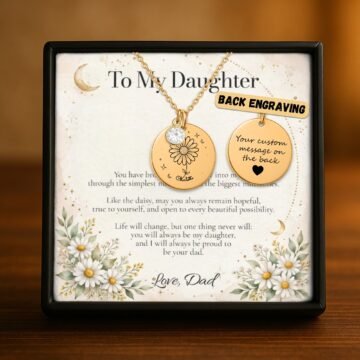Daisy necklace showing optional personalized engraving on the back
