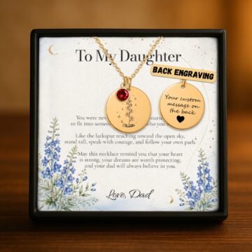 Personalized july carnation necklace in 18K gold plated finish showing optional custom back engraving