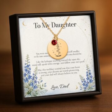 july carnation birth flower necklace for daughter in 18K gold plated finish with a To My Daughter message card from Dad