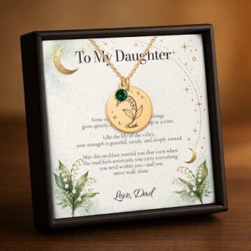 Gold lily-of-the-valley Moon and Bloom necklace with personalized daughter message card
