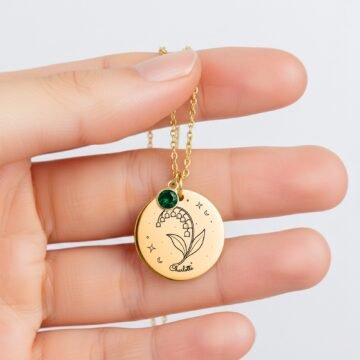 Close view of lily-of-the-valley engraving with personalized name and emerald-colored charm