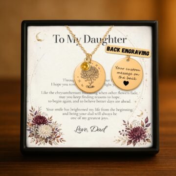 Personalized november carnation necklace in 18K gold plated finish showing optional custom back engraving