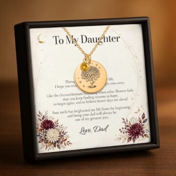 november carnation birth flower necklace for daughter in 18K gold plated finish with a To My Daughter message card from Dad