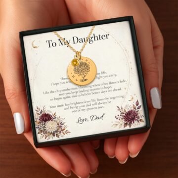 november carnation necklace presented in a gift box with an emotional message card for daughter from Dad