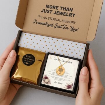 Gift-ready november carnation necklace package with message card, foil wrap, care items, and complimentary extras
