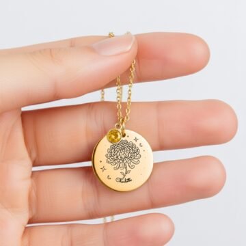 november carnation coin necklace held in hand to show the 20 millimeter pendant size
