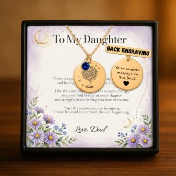 Personalized september carnation necklace in 18K gold plated finish showing optional custom back engraving