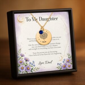 Gold aster Moon and Bloom necklace with personalized daughter message card