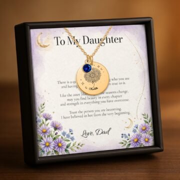 Gold aster Moon and Bloom necklace with personalized daughter message card