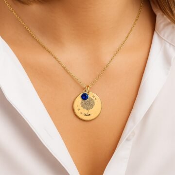 Personalized september carnation birth flower necklace worn to show its size and appearance
