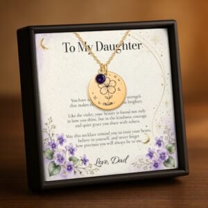 Gold violet Moon and Bloom necklace with personalized daughter message card