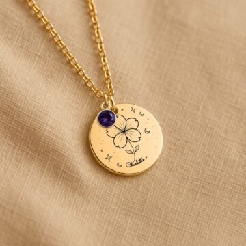 Violet daughter necklace presented with a printed message card