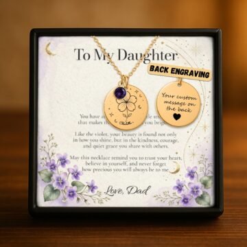 Violet necklace showing optional personalized engraving on the back
